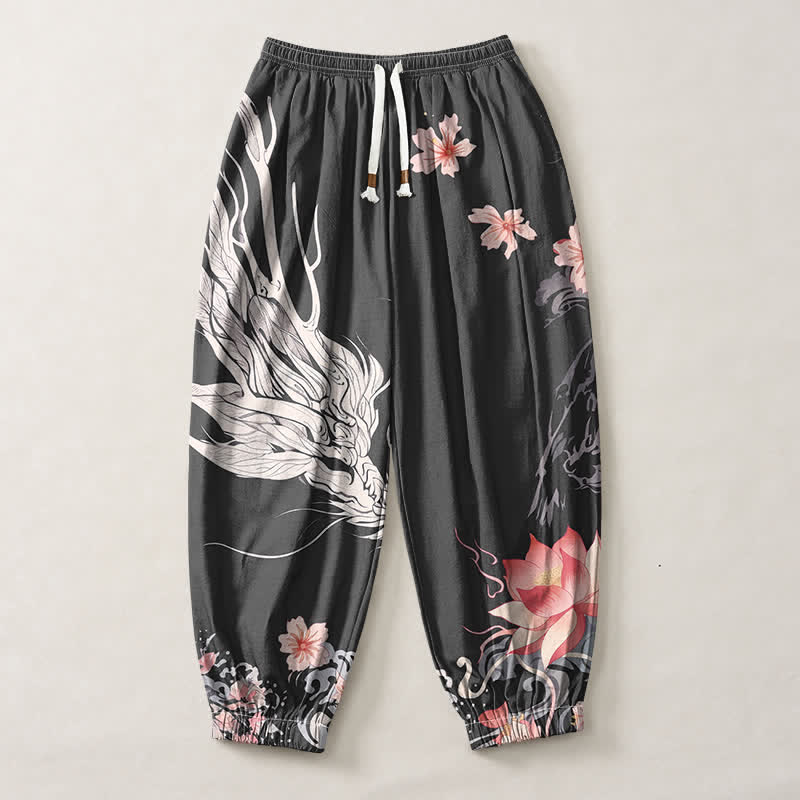 Buddha Stones Pure Cotton Dragon Sakura Lotus Pattern Drawstring Men's Harem Pants With Pockets - image 1