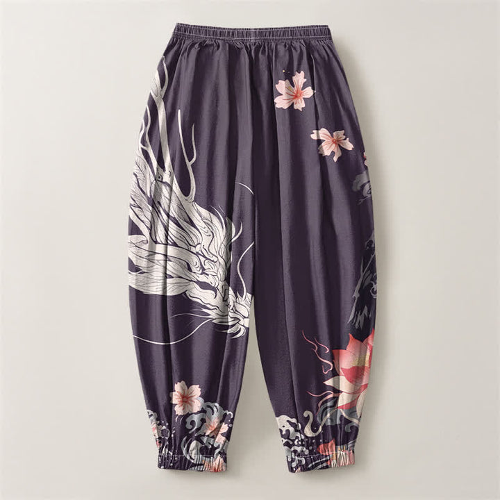 Buddha Stones Pure Cotton Dragon Sakura Lotus Pattern Drawstring Men's Harem Pants With Pockets - image 8
