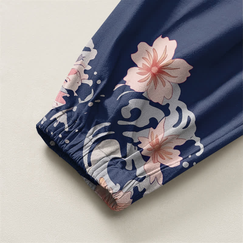 Buddha Stones Pure Cotton Dragon Sakura Lotus Pattern Drawstring Men's Harem Pants With Pockets - image 16