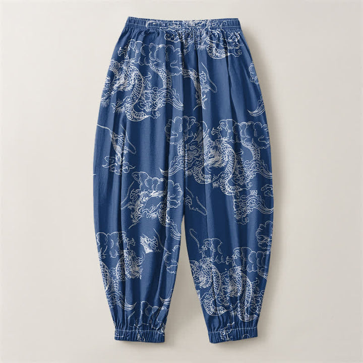 Buddha Stones Pure Cotton White Dragon Cloud Pattern Drawstring Men's Harem Pants With Pockets - image 2