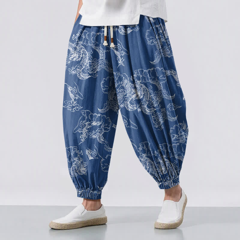 Buddha Stones Pure Cotton White Dragon Cloud Pattern Drawstring Men's Harem Pants With Pockets - SteelBlue - US/UK/AU50，EU60 (5XL) - image 0