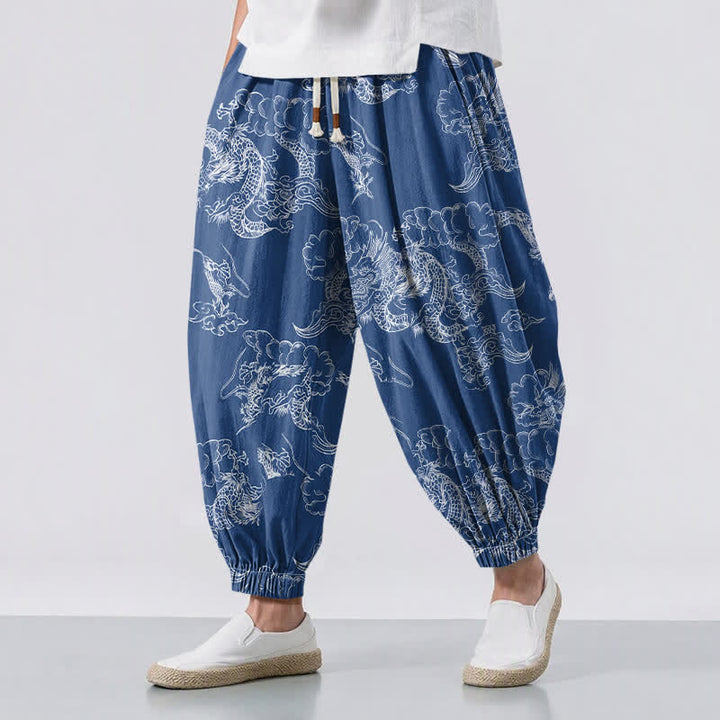 Buddha Stones Pure Cotton White Dragon Cloud Pattern Drawstring Men's Harem Pants With Pockets - SteelBlue - US/UK/AU50，EU60 (5XL) - image 0