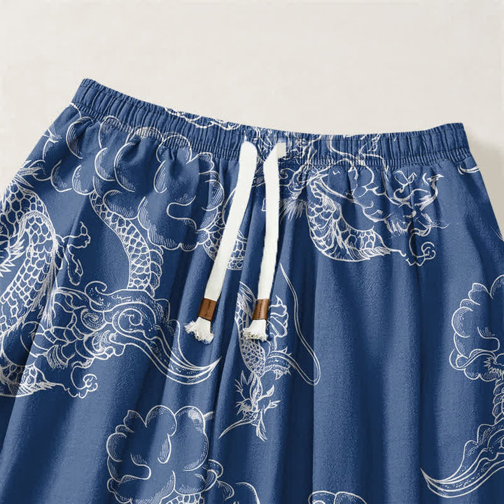 Buddha Stones Pure Cotton White Dragon Cloud Pattern Drawstring Men's Harem Pants With Pockets - image 3