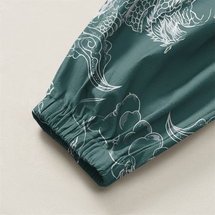 Buddha Stones Pure Cotton White Dragon Cloud Pattern Drawstring Men's Harem Pants With Pockets - image 10