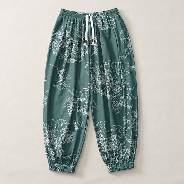 Buddha Stones Pure Cotton White Dragon Cloud Pattern Drawstring Men's Harem Pants With Pockets - image 7