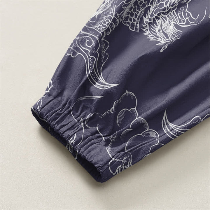Buddha Stones Pure Cotton White Dragon Cloud Pattern Drawstring Men's Harem Pants With Pockets - image 16
