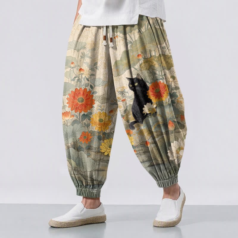 Buddha Stones Pure Cotton Vintage Floral Lotus Cat Pattern Drawstring Men's Harem Pants With Pockets - Beige - US/UK/AU50，EU60 (5XL) - image 0