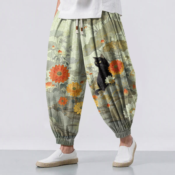 Buddha Stones Pure Cotton Vintage Floral Lotus Cat Pattern Drawstring Men's Harem Pants With Pockets - MintCream - US/UK/AU50，EU60 (5XL) - image 6