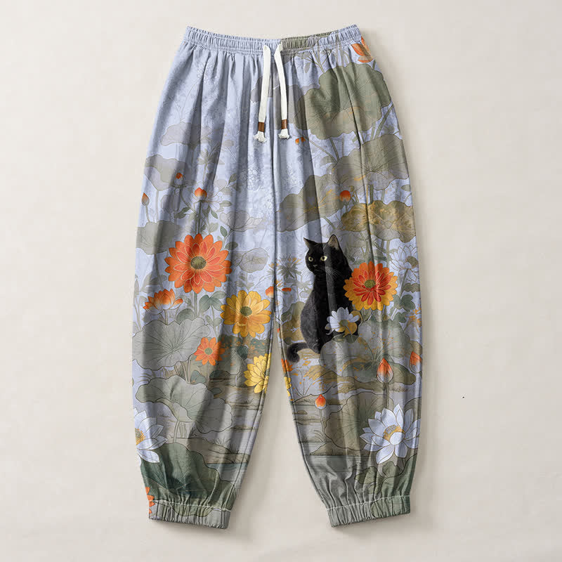 Buddha Stones Pure Cotton Vintage Floral Lotus Cat Pattern Drawstring Men's Harem Pants With Pockets - image 13