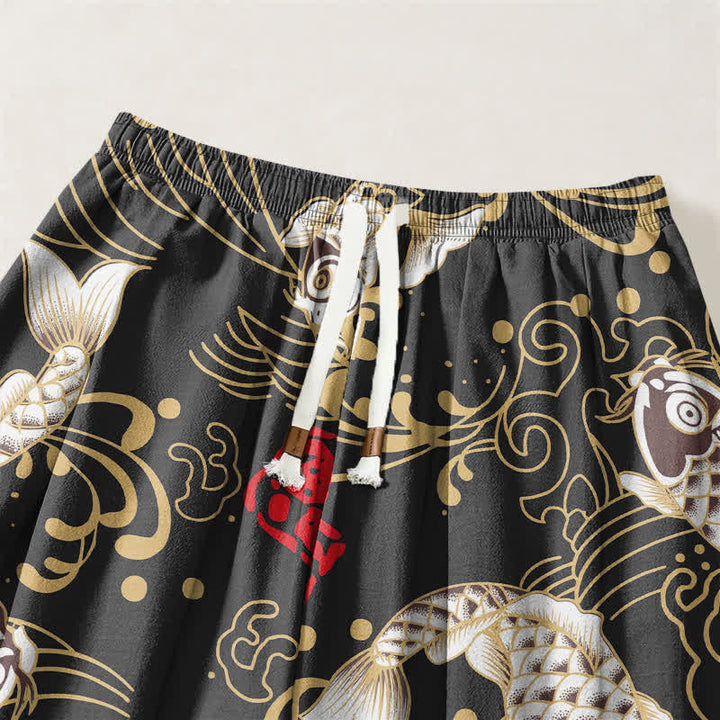 Buddha Stones Pure Cotton Koi Fish Ocean Waves Pattern Drawstring Men's Harem Pants With Pockets - image 3