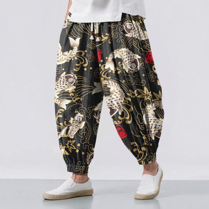 Buddha Stones Pure Cotton Koi Fish Ocean Waves Pattern Drawstring Men's Harem Pants With Pockets - Black - US/UK/AU50，EU60 (5XL) - image 0
