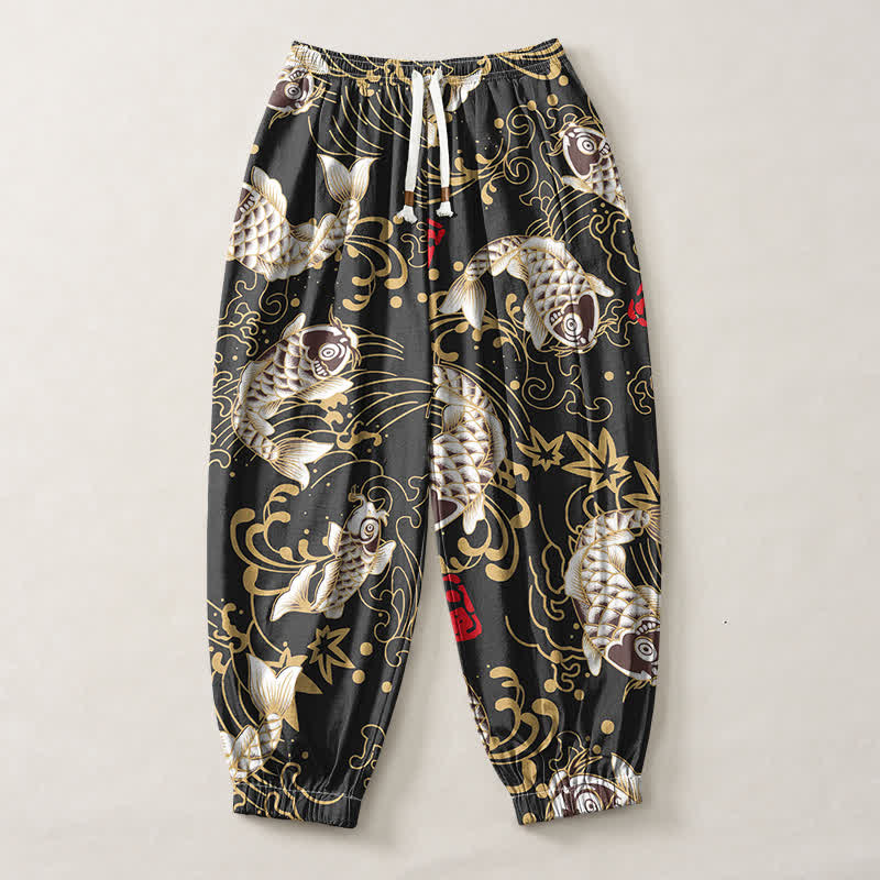 Buddha Stones Pure Cotton Koi Fish Ocean Waves Pattern Drawstring Men's Harem Pants With Pockets - image 1