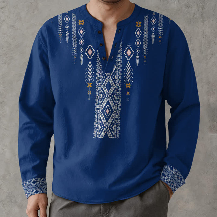 Buddha Stones Cotton Tribal Rhombus Geometric Pattern V-Neck Buttons Men's Long Sleeve Shirts - RoyalBlue - US/UK/AU48，EU58 (4XL) - image 0