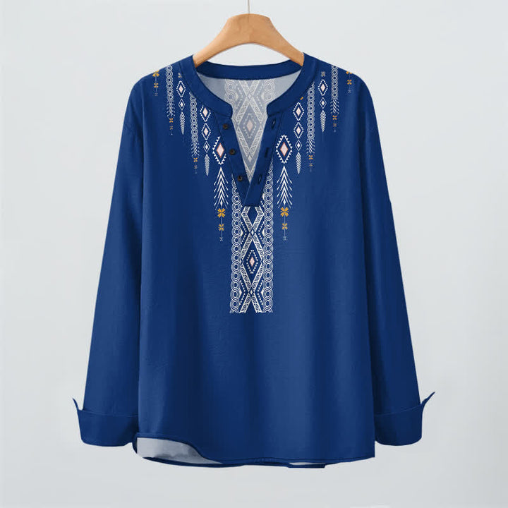 Buddha Stones Cotton Tribal Rhombus Geometric Pattern V-Neck Buttons Men's Long Sleeve Shirts - image 2