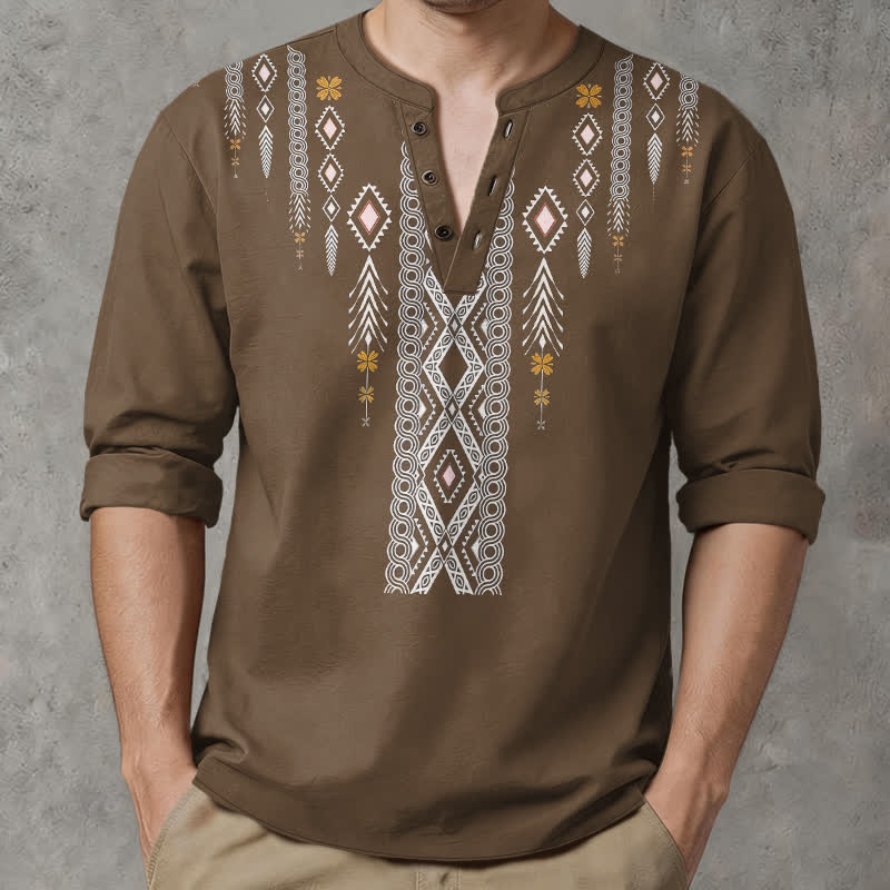 Buddha Stones Cotton Tribal Rhombus Geometric Pattern V-Neck Buttons Men's Long Sleeve Shirts - image 15