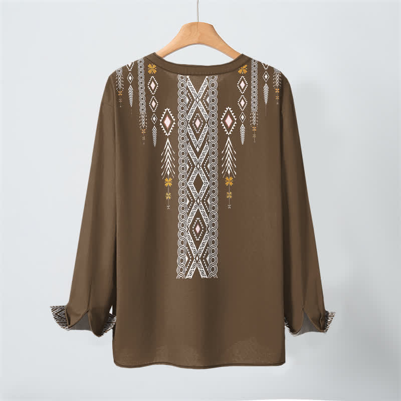Buddha Stones Cotton Tribal Rhombus Geometric Pattern V-Neck Buttons Men's Long Sleeve Shirts - image 17