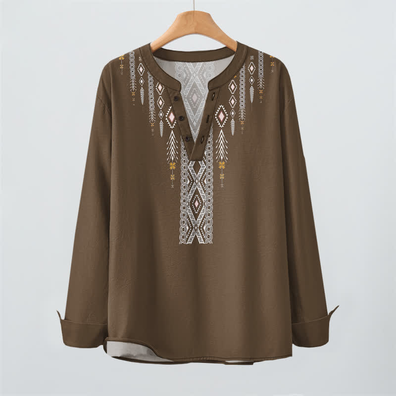 Buddha Stones Cotton Tribal Rhombus Geometric Pattern V-Neck Buttons Men's Long Sleeve Shirts - image 16