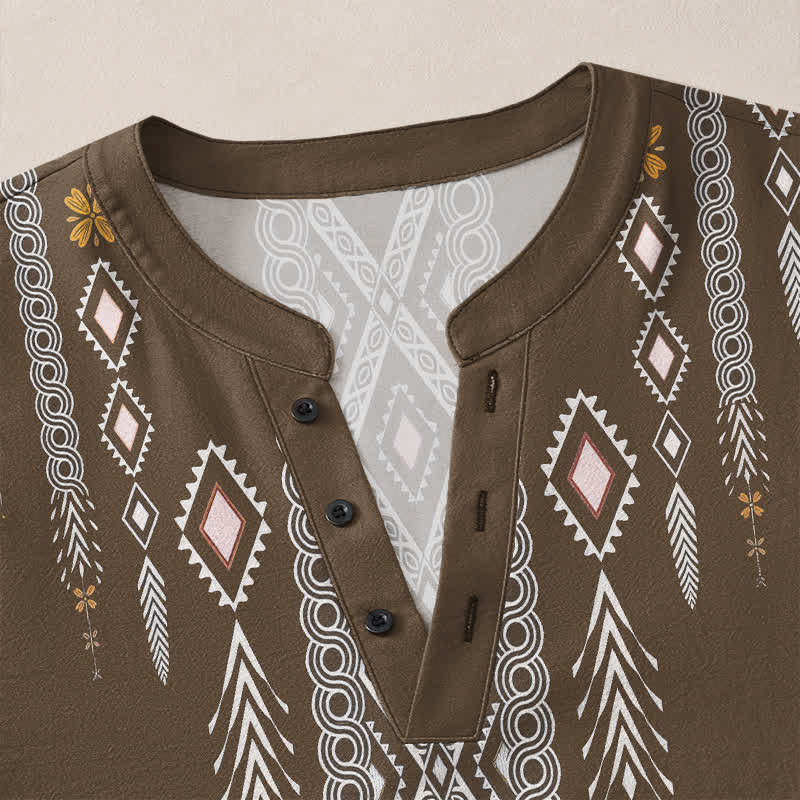 Buddha Stones Cotton Tribal Rhombus Geometric Pattern V-Neck Buttons Men's Long Sleeve Shirts - image 18