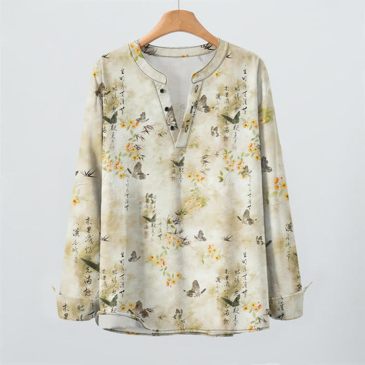 Buddha Stones Cotton Butterfly Floral Calligraphy Pattern V-Neck Buttons Men's Long Sleeve Shirts - image 2