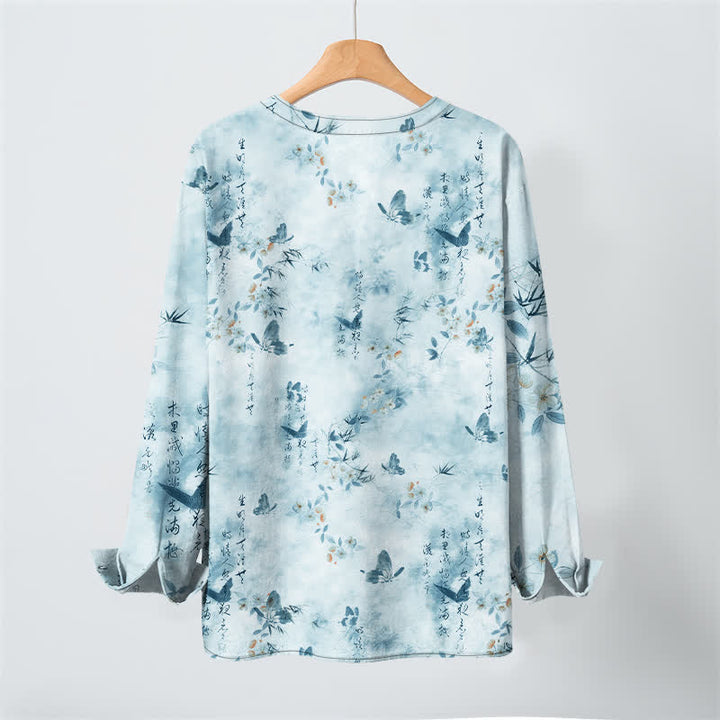Buddha Stones Cotton Butterfly Floral Calligraphy Pattern V-Neck Buttons Men's Long Sleeve Shirts - image 10