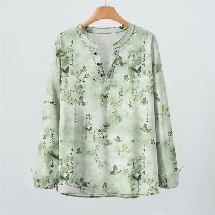Buddha Stones Cotton Butterfly Floral Calligraphy Pattern V-Neck Buttons Men's Long Sleeve Shirts - image 16