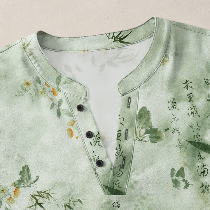 Buddha Stones Cotton Butterfly Floral Calligraphy Pattern V-Neck Buttons Men's Long Sleeve Shirts - image 18
