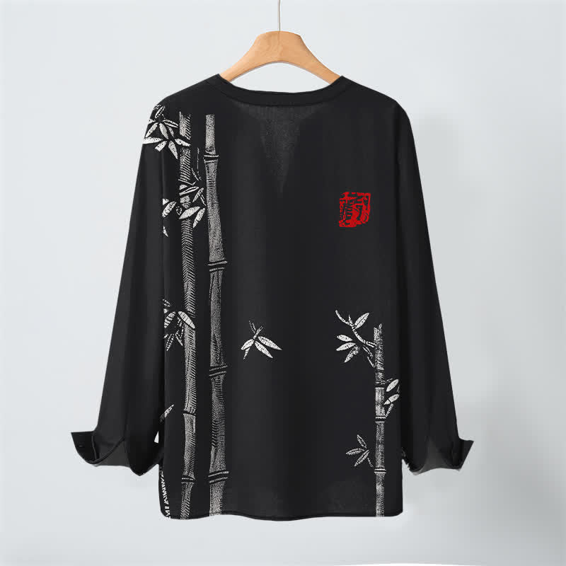 Buddha Stones Cotton White Bamboo Pattern V-Neck Buttons Men's Long Sleeve Shirts - image 17