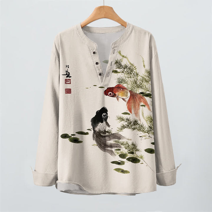 Buddha Stones Cotton Koi Fish Lotus Leaf Grass Ink Pattern V-Neck Buttons Men's Long Sleeve Shirts - image 2