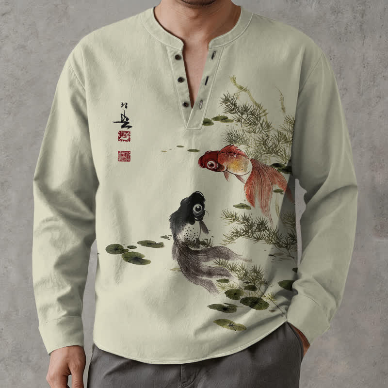 Buddha Stones Cotton Koi Fish Lotus Leaf Grass Ink Pattern V-Neck Buttons Men's Long Sleeve Shirts - Honeydew - US/UK/AU48，EU58 (4XL) - image 7