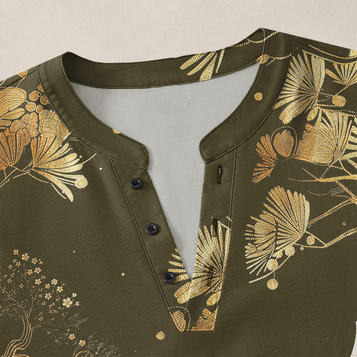 Buddha Stones Cotton Crane Floral Branch Pattern V-Neck Buttons Men's Long Sleeve Shirts - image 11