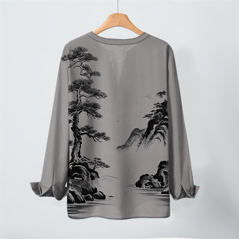 Buddha Stones Cotton Ink Landscape Pine Tree Mountains Pattern V-Neck Buttons Men's Long Sleeve Shirts - image 17