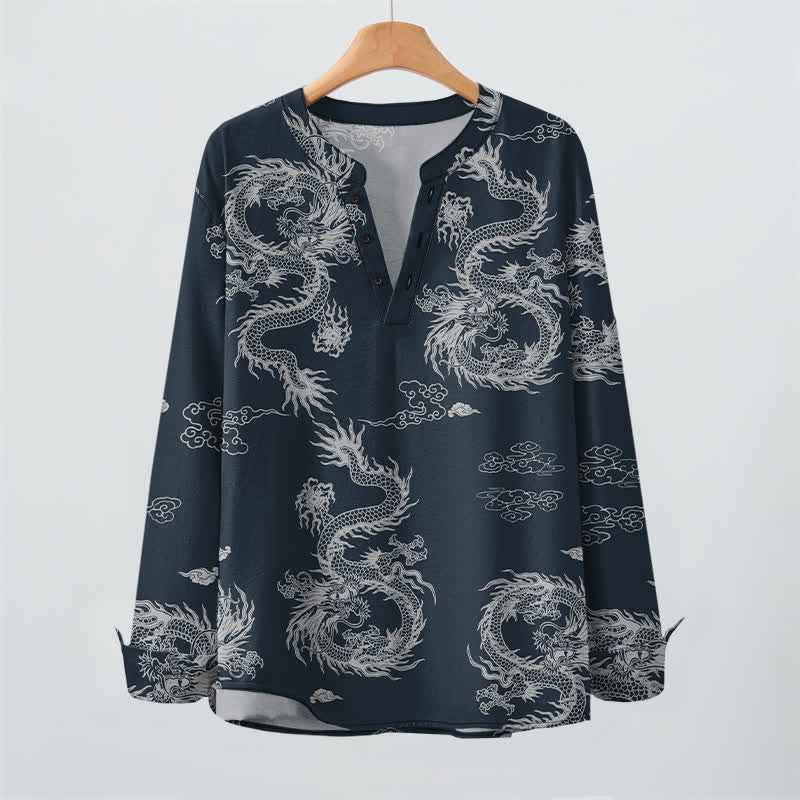 Buddha Stones Cotton Oriental White Dragon Cloud Pattern V-Neck Buttons Men's Long Sleeve Shirts - image 2