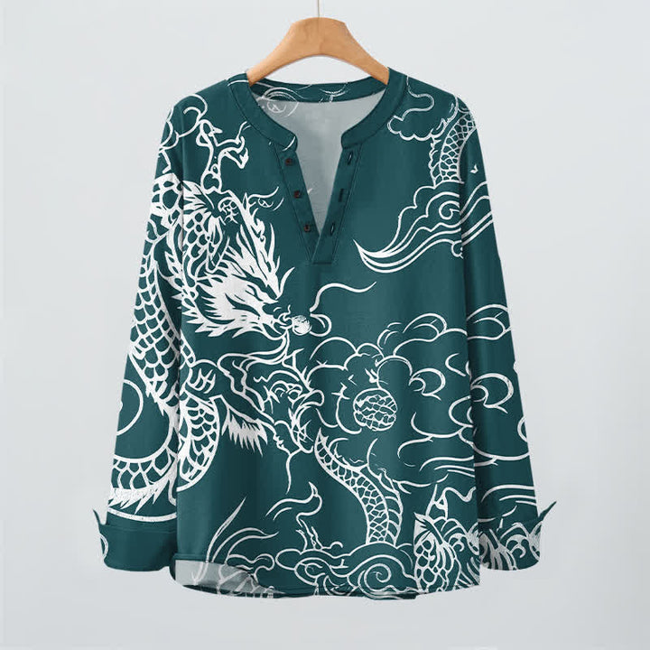 Buddha Stones Cotton Chinese Dragon Clouds Pattern V-Neck Buttons Men's Long Sleeve Shirts - image 16