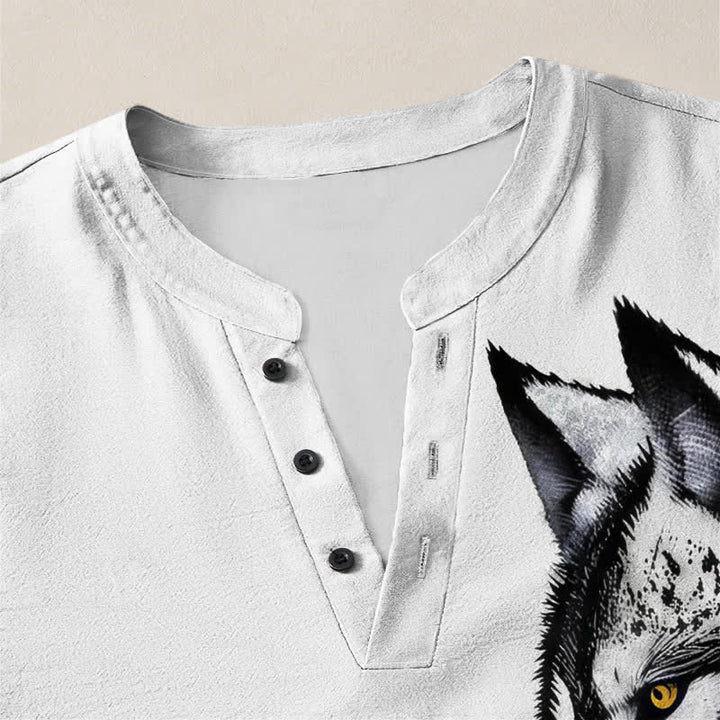 Buddha Stones Cotton Ink Wolf Head Pattern V-Neck Buttons Men's Long Sleeve Shirts - image 4