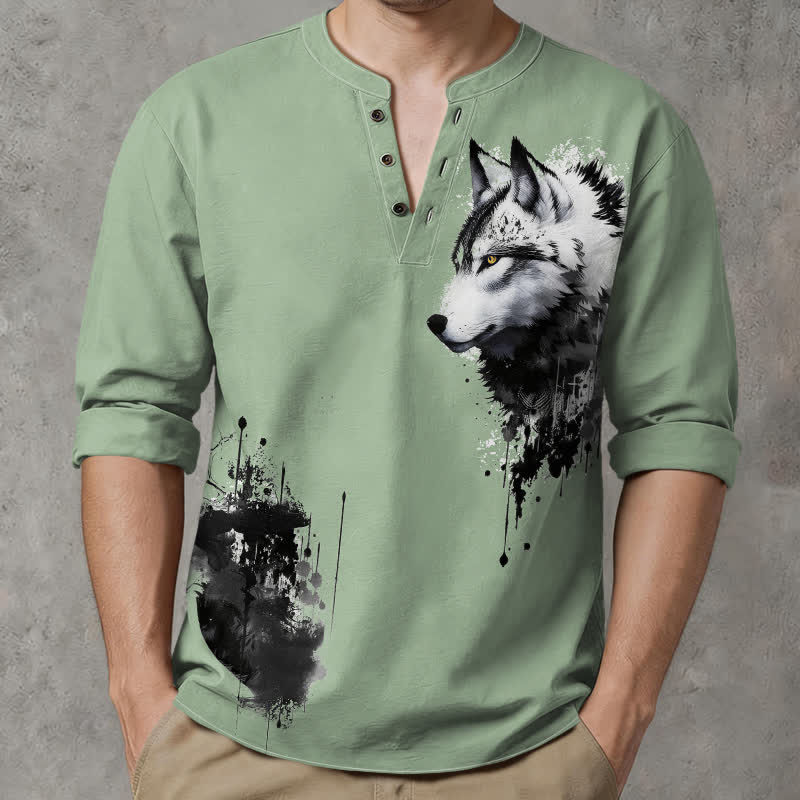 Buddha Stones Cotton Ink Wolf Head Pattern V-Neck Buttons Men's Long Sleeve Shirts - PaleGreen - US/UK/AU48，EU58 (4XL) - image 7