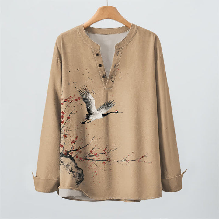 Buddha Stones Cotton Ink Crane Blossom Pattern V-Neck Buttons Men's Long Sleeve Shirts - image 9