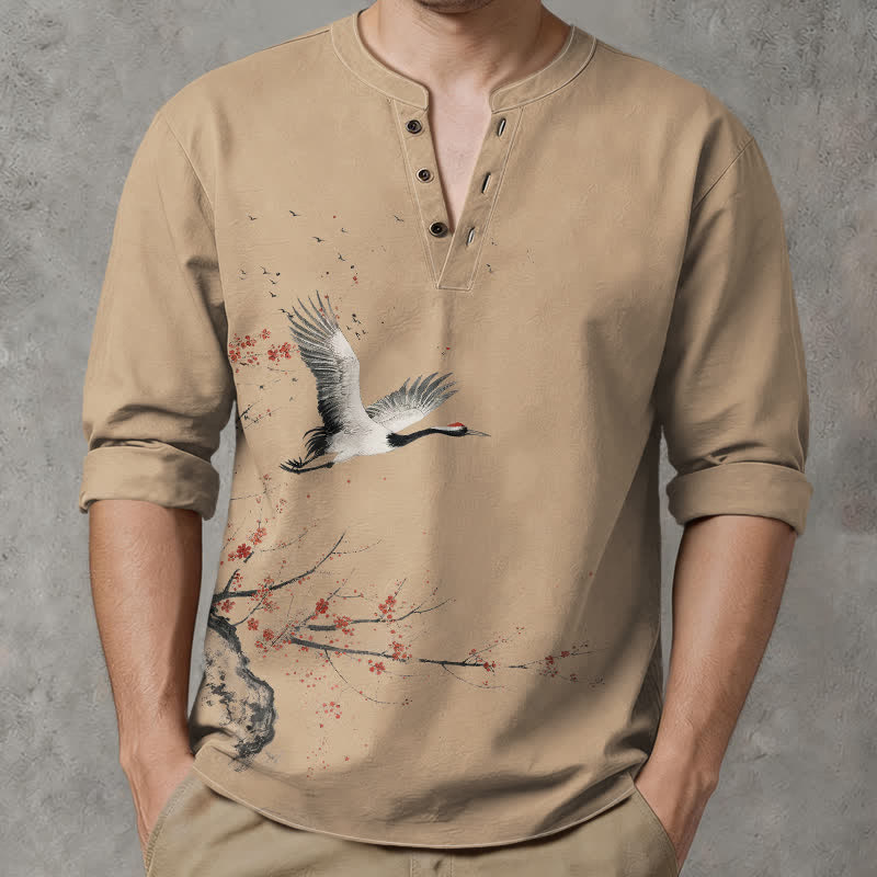 Buddha Stones Cotton Ink Crane Blossom Pattern V-Neck Buttons Men's Long Sleeve Shirts - image 8