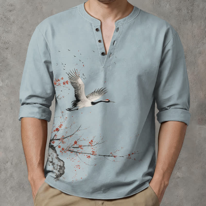 Buddha Stones Cotton Ink Crane Blossom Pattern V-Neck Buttons Men's Long Sleeve Shirts - image 15