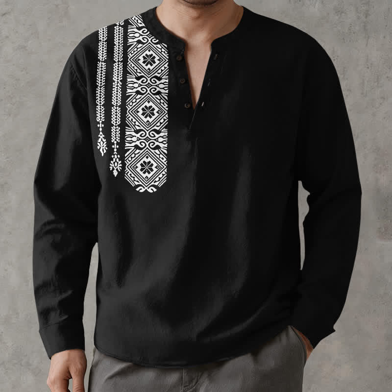 Buddha Stones Cotton Tribal Square Geometric Pattern V-Neck Buttons Men's Long Sleeve Shirts - Black - US/UK/AU48，EU58 (4XL) - image 0