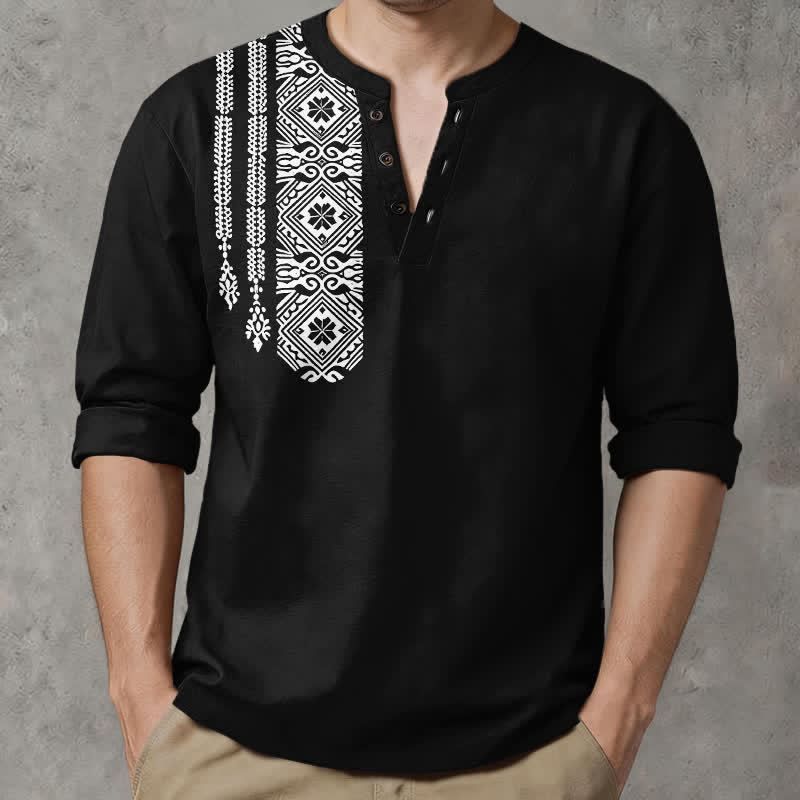 Buddha Stones Cotton Tribal Square Geometric Pattern V-Neck Buttons Men's Long Sleeve Shirts - image 0