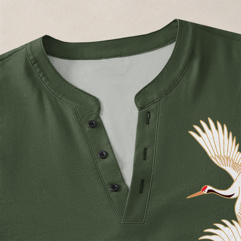Buddha Stones Cotton Crane Lotus Pattern V-Neck Buttons Men's Long Sleeve Shirts - image 18