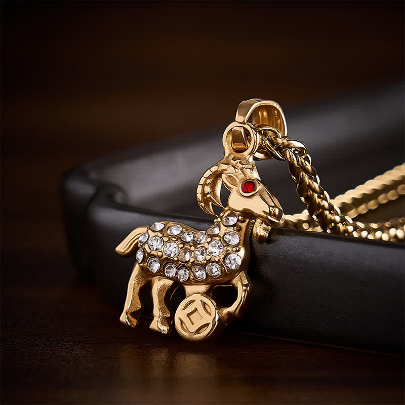 Buddha Stones Titanium Steel Chinese Zodiac Goat Prosperity Pendant Necklace - image 4