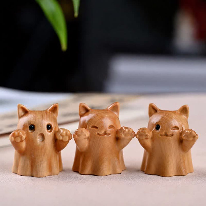 Buddha Stones Pine Wood Carved Winking Cat Healing Cute Animal Decor - image 0