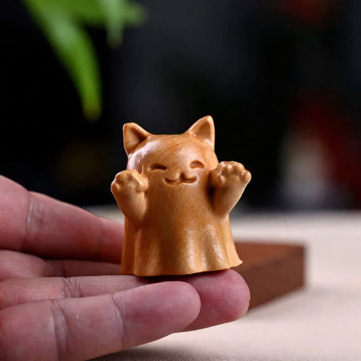 Buddha Stones Pine Wood Carved Winking Cat Healing Cute Animal Decor - image 6