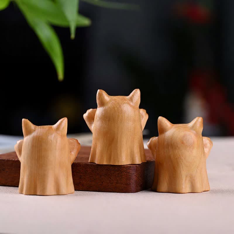 Buddha Stones Pine Wood Carved Winking Cat Healing Cute Animal Decor - image 10