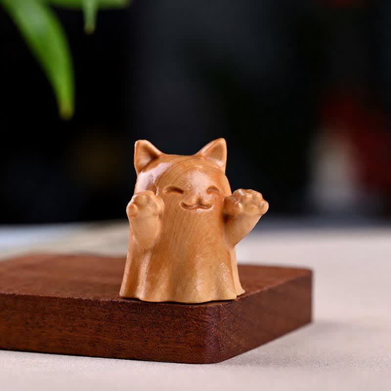 Buddha Stones Pine Wood Carved Winking Cat Healing Cute Animal Decor - Smile Approx. 5 cm - image 5