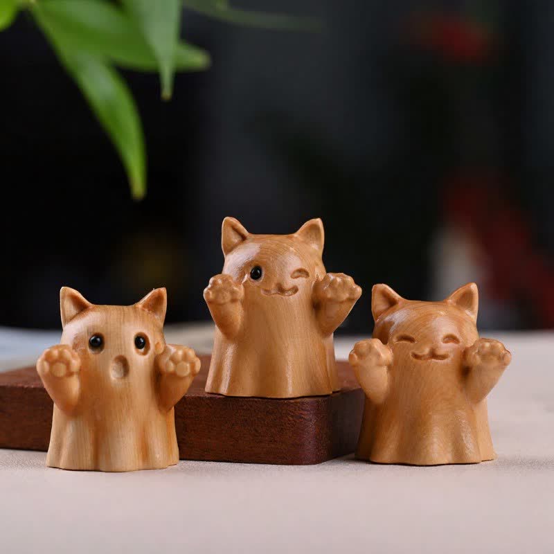 Buddha Stones Pine Wood Carved Winking Cat Healing Cute Animal Decor - image 8
