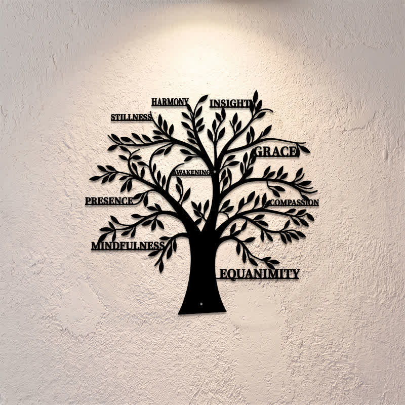 Buddha Stones Matte Black Tree of Life Mindfulness Healing Words Iron Metal Meaningful Symbols Wall Art - image 0