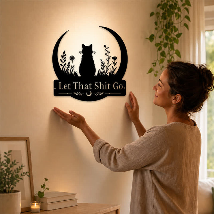 Buddha Stones Crescent Moon Cat "Let That Shit Go" Iron Metal Wall Decor - image 1