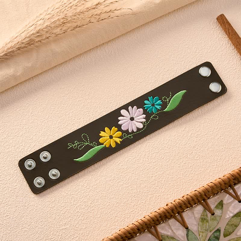 Buddha Stones Leather Hand-Woven Floral Embroidered Protection Bracelet - image 10